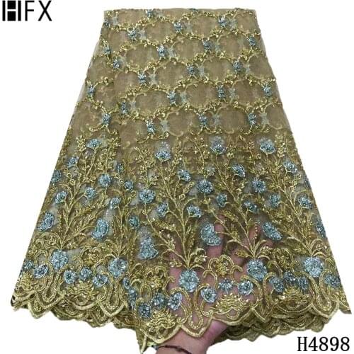 HFX 2021 Luxury Handmade Embroidery Sequence Beaded Lace High Quality Africa French Tulle Sequins Lace Fabric for Party H4898