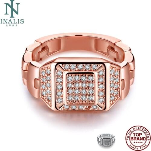 INALIS Geometric Rings For Women And Men Full 5A Clear Cubic Zirconia Unisex Rose Gold Plated Ring Anniversary Fashion Jewelry