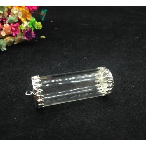 5sets/lot 40*15mm tube glass globe silver plated cover crown button base set no filler glass bottle vial pendant diy jewelry