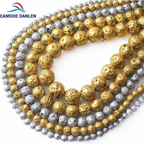 CAMDOE DANLEN Natural Rock Stone Plated Gold Silvery Lava Volcanic Round Loose Beads 4 6 8 10MM Fit Diy Charms Jewelry Making