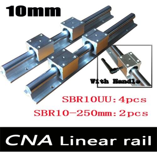2pcs SBR10 L 250mm linear rail support with 4pcs SBR10UU linear guide auminum bearing sliding block cnc parts with handle
