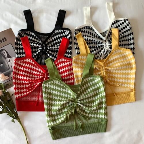 LJSXLS New Drawstring Plaid Bustier Women Green Sexy Tank Top Vest Female Slim Knitted Sleeveless Top Summer Womens Clothing