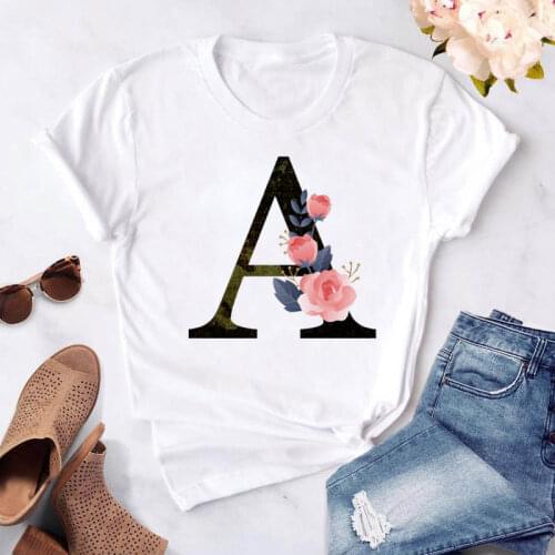 Fashion Women T Shirt Custom Name Letter Combination Women Tee Shirt Flower Letter Font A B C D E Short Sleeve Tops Female Tee