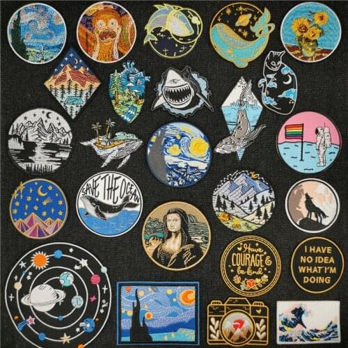 Mona Lisa Prajna Van Gogh Patches For Clothing Space Embroidery Patch Mountain Landscape Fish Ironing Sticker Letter Badges DIY