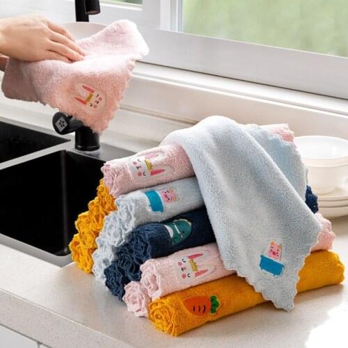 Cartoon Embroidery Kitchen Towel Anti-Grease Wiping Rag Dishcloth Super Absorbent Microfiber Cleaning Cloth Household Dishrag