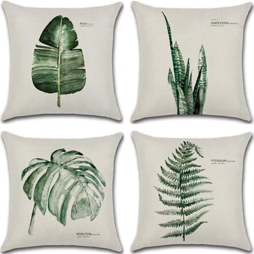 Tropical Plants Palm Leaf Green Leaves Monstera Cushion Covers Hibiscus Flower Cushion Cover Decorative Beige Linen Pillow Case