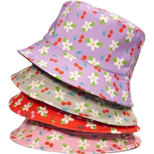 Bucket-hats Women Floral Print Outdoor Classic Sunscreen Fisherman Cat Cotton Casual Travel Flower Panama Hat 2021 Spring Summer