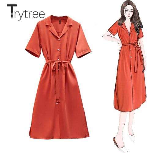 Trytree Summer Women Casual Dress Turn-down Collar Single Breasted Solid A-line Fashion Temperament Office Lady Shirt Dress