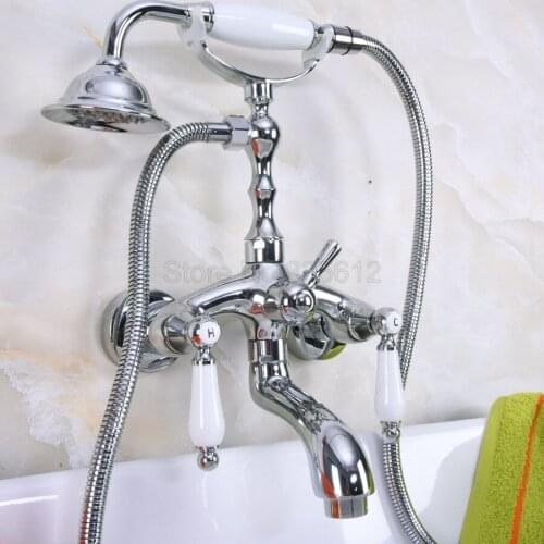 Polished Chrome Clawfoot Bathtub Faucet Set with Handheld Shower Dual Handles Mixer Taps Wall Mounted tna221