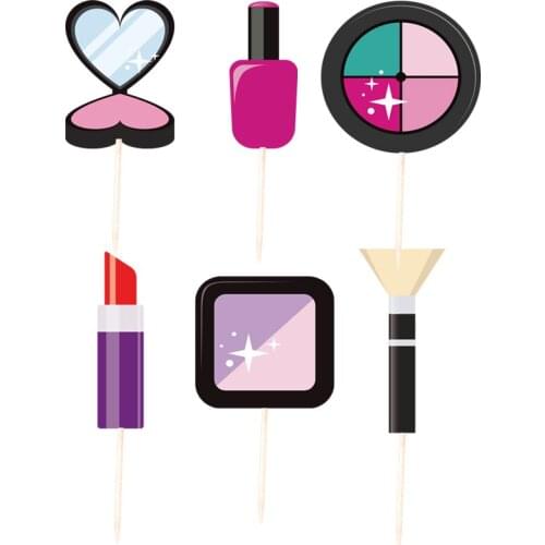 Make Up Theme Cake Toppers With Sticks Baby Shower Supplies Birthday Party Kids Girls Favors Cosmetic Cupcake Decorations 24PCS