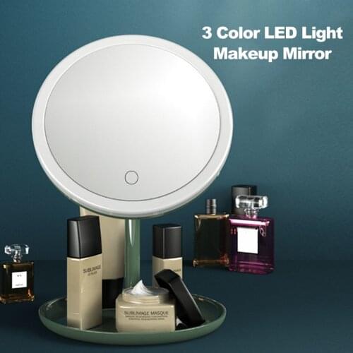 Makeup Mirror With 3 Color LED Light Desktop LED Makeup Mirror Lamp USB With Storage Table Cosmetic Mirror Rotating Makeup