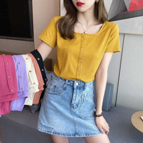 Pure Cotton Square Neck Knitted Short-Sleeved T-Shirt WomenS Summer Short 2021 New Self-Cultivation Retro French Top