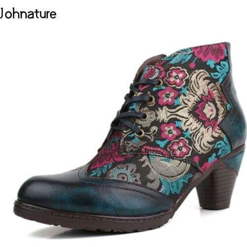 Johnature Platform Boots Women Shoes Genuine Leather Cloth 2020 New Lace-up Round Toe Short Plush Flower Ankle Women Boots