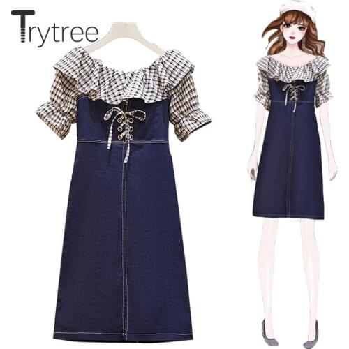 Trytree 2020 Summer Women two piece set Casual O-neck Ruffles Plaid Loose Tops + Sling Dress Solid A-line Fashion 2 piece Set