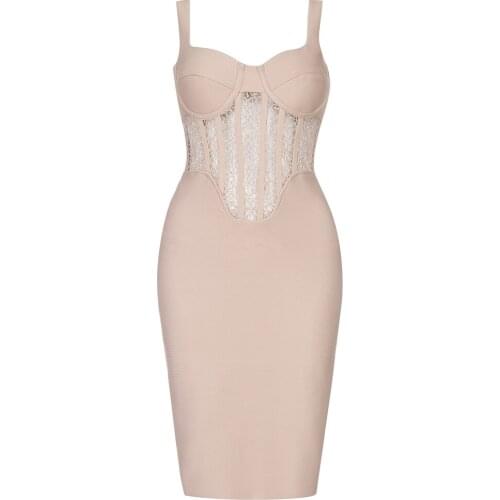 New Lace Elegant Spaghetti Strap Bandage Dress Summer Womens Dress 2021 Hollow Out Sexy Sleeveless Celebrity Club Party Dresses