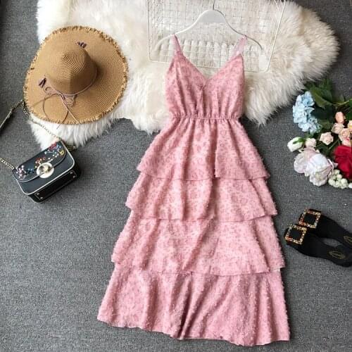 New Fashion Slim Spaghetti Strap Dresses Summer Dress Chiffon V-neck Dress Midi Long Dress Women Clothings Vestidos TB1095