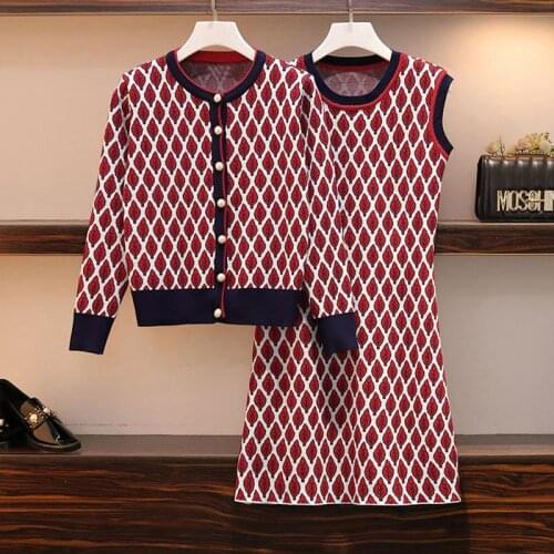 MASTGOU Leaf Jacquard Knit Women Dresses Suits Autumn Winter 2/Two Piece Sets Women Sleveless Tank Top Dress + Cardigan Sweater