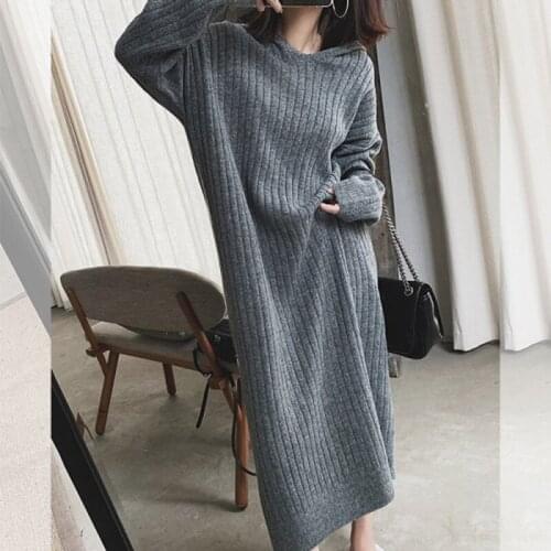 New 2020 Autumn Winter Women Knitted Dress Hooded Sweater Dresses Female Oversize Long Sleeve V Collar Dress Vestidos