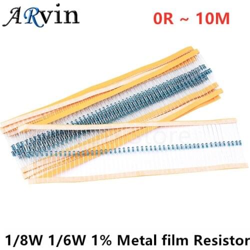 100pcs 1/6W 1/8W 1% Metal film resistor 0R ~ 10M 1R 4.7R 100R 220R 330R 1K 2.2K 3.3K 4.7K 10K 22K 47K 100K 100 220 330 2M 1M ohm