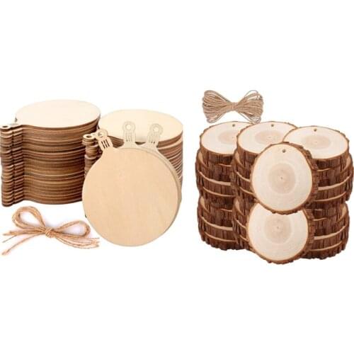 100Pcs DIY Wooden Christmas Balls Craft Decoration Hanging Tag & 30Pcs Unfinished Wood Slices With Bark