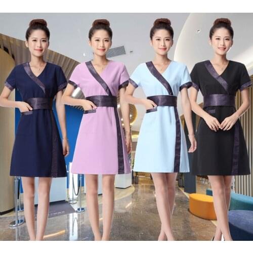2019 Fashion Beauty Salon Health Club Work Uniform Women Short Sleeve Workwear Medical Lab Coat Retro Patchwork SPA Club Dress