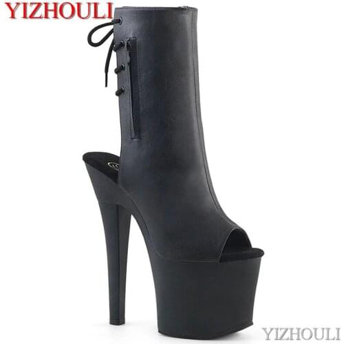 7 inches.PU ankle boots, 17cm stiletto heels for the party, sexy open-toe pole dancing shoes