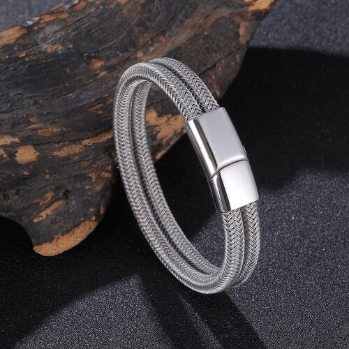 Double Layer Fashion Black Braided Leather Bracelet Men Trendy Stainless Steel Magnetic Clasp Women Jewelry Wrist Band Gifts