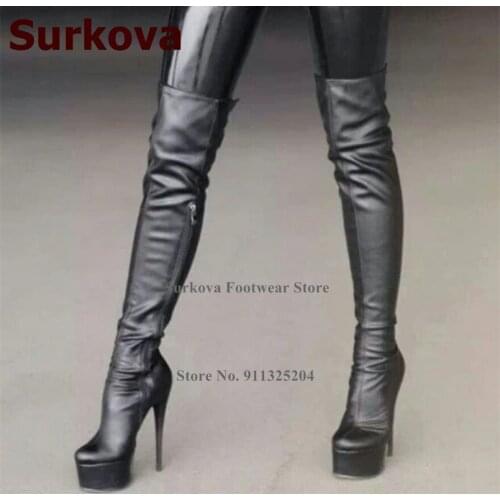Surkova Black Slim Fit Platform Thigh High Boots Thin High Heels Over The Knee Outdoor Footwear Gorgeous Dress Shoes Dropship