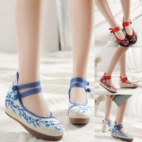 Women Blossom Embroidery Canvas Shoes Two Ankle Strap Flats Ballerina Shoe Soft Wedge Ladies Casual Cloth Chinese Mujer Sapatos