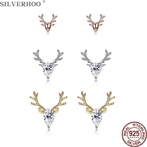 SILVERHOO 925 Sterling Silver Cute Christmas Elk Stud Earrings For Women 3 Colors Shiny Cubic Zirconia Earring Original Jewelry