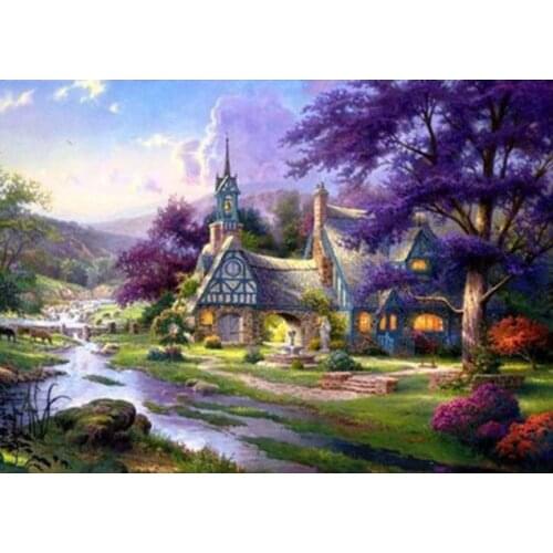 Oil Painting Quality 14CT Unprinted Cross Stitch Kits Needlework Scenery Forest hut purple For Embroidery Decor Arts Handmade