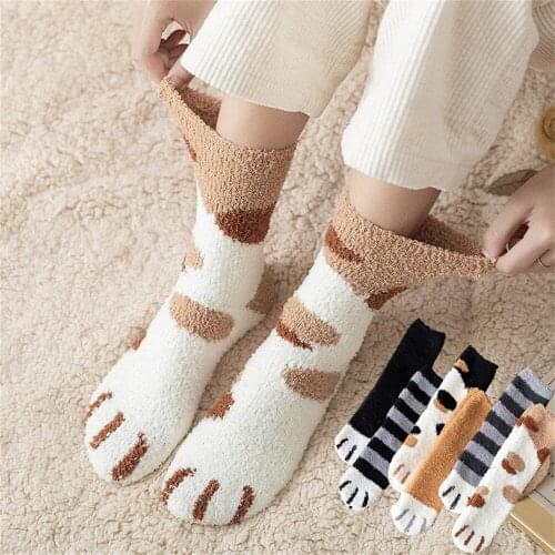 Kawaii Women Cute Cartoon Socks Cat Paw Thick Plush Velvet Mid-Tube Sock Home Floor Socks Female and Ladies Warm Winter Socks