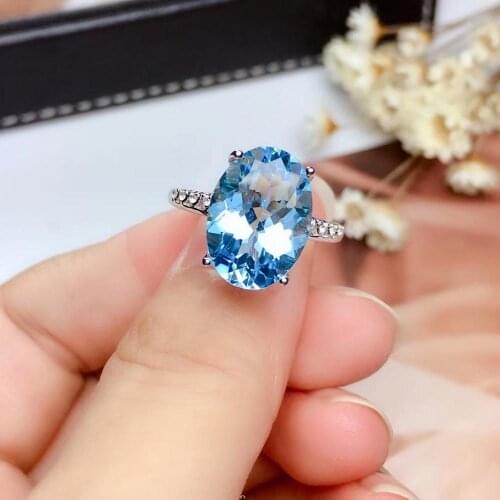 Trendy Simplicity big round Natural 10*14mm blue topaz gem Ring Natural gemstone Ring S925 silver girl woman party Jewelry