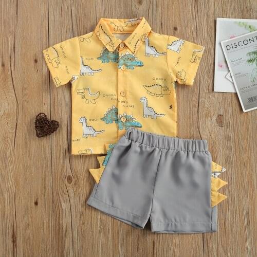 Kids Boys Fashion 2-piece Clothes Set Short Sleeve Cartoon Dinosaur Print Shirt+Shorts Set Summer