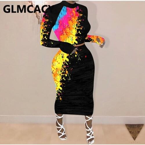 Women Painting Printed Two Piece Elegant Suits Long Sleeve Crop Top and Midi Skirt Set