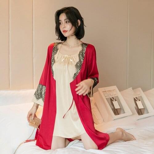 Red Lace Trim 2PCS Robe Suit Women Spring Summer New Sleepwear Sexy Strap Mini Nightdress Satin Home Dress Casual O-Neck Pajamas