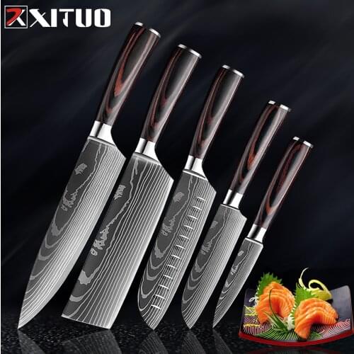 XITUO Kitchen Knives Stainless Steel Damascus laser pattern Knife Paka Wood Handle Fruit Vegetable Meat Cooking Tools Accessorie