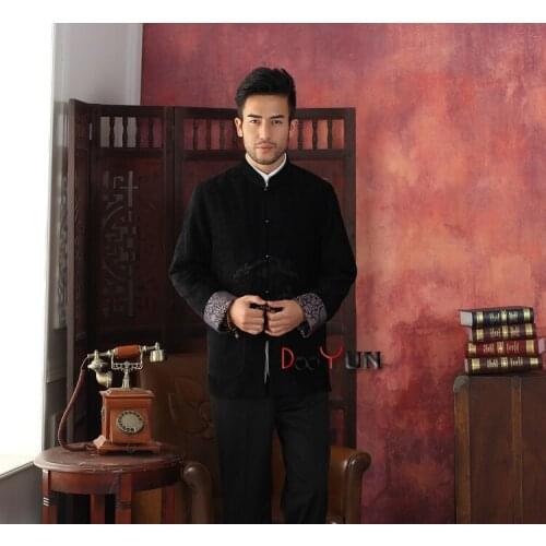 Black Embroidery Chinese Mens Wool Kung Fu Jacket Winter Thick Warm Coat Mandarin Collar Outwear Size M L XL XXL XXXL