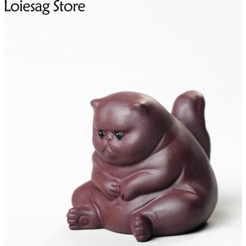 Loiesag Yixing Purple Clay Creative Tea Pet Cute Cat Statue Sculpture Kung Fu Tea Set Accessories Deco Handmade Tea Pet Crafts