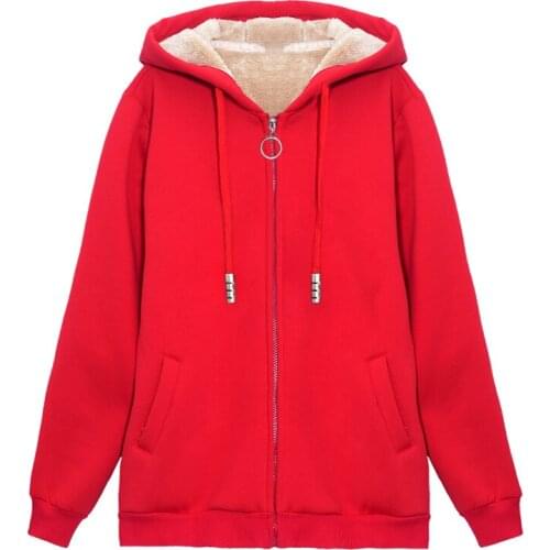 Fashion Womens Coat Winter Mid-length Plus Velvet Hoodie Sweatshirt Zipper Embroidery Letters High Quality Red Lady Clothes
