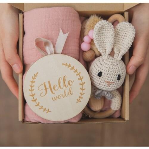 1Set Baby Bath Toy Set Wooden Rattle Bracelet Double Sided Cotton Blanket Crochet Toys Baby Bath Products Newborn Bed Bell Baby