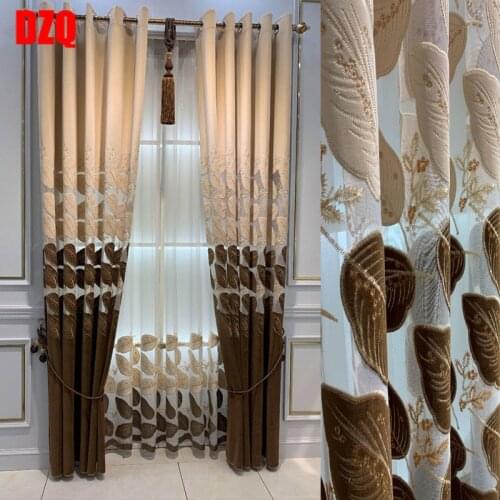 Modern Yellow -Blue Leaf Hollow Curtain Nordic Mink Embroidery Finished Drapes for Living Room Custom Bedroom
