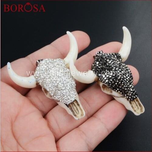 BOROSA Longhorn Resin Horn Cattle Pendants Bull Cattle Pendant Paved Black/White Zircon for Necklace Making JAB338