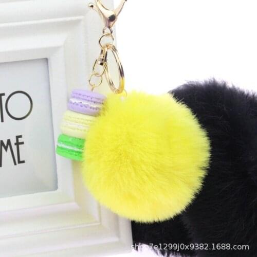 Resin Macaron Fur Ball Keychains Lovely Macaroon Key Chains Bag Charm Pom Pom Gold Metal Keyring Car Key Holder Girl Party Gift