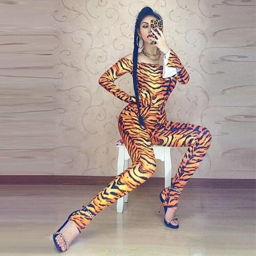 Tiger Pattern Off-Shoulder Flare Sleeve Leotard Slim Pants Suit Nightclub Dj Singer Stage Clothing Festival Costume VDB3709