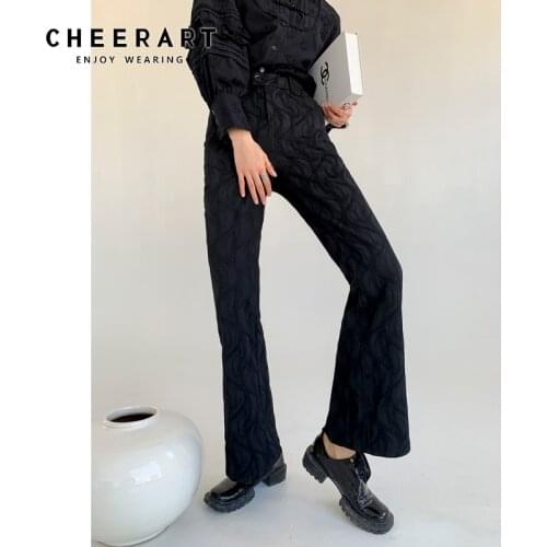 CHEERART Spring 2021 Black Pants Women High Waist Trousers Ladies Texture Flare Pants Korean Fashion Aesthetic Trendy Clothes