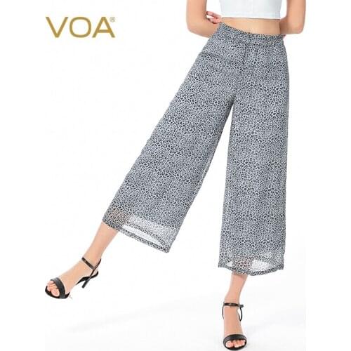 VOA Silk Gray Leopard Print Silk Tendon Waist Surface in Double Lightweight Breathable Simple Loose Wide Leg Pants KJ90