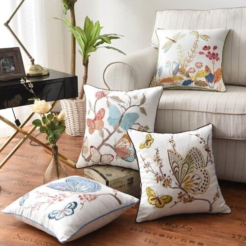 American Pastoral Style Embroidery Peacock Butterfly Cushion Cover Country Style Pillow Cover Cotton Home Living Room Sofa Decor