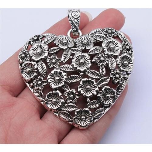 WYSIWYG 1pcs 67x58mm Antique Silver Color Hollow Flower Heart Charms Pendant For Jewelry Making DIY Jewelry Findings