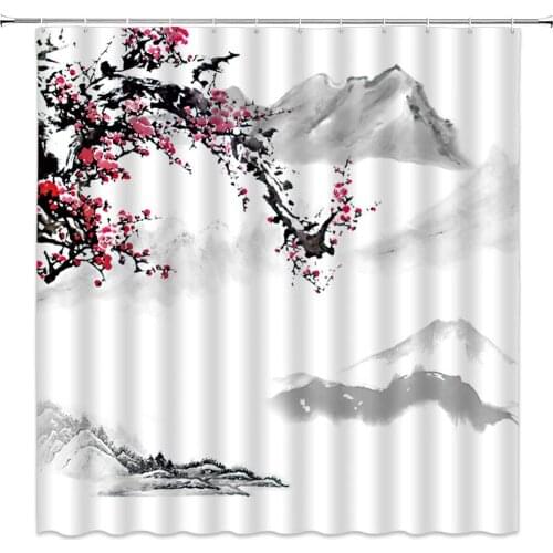 Ink Painting Shower Curtains Chinese Style Plum Blossom Mountain Landscape Bathroom Decor Polyester Cloth Hanging Curtain Set
